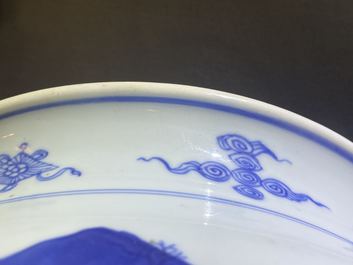 A Chinese blue and white censer with a mountainous landscape, Kangxi